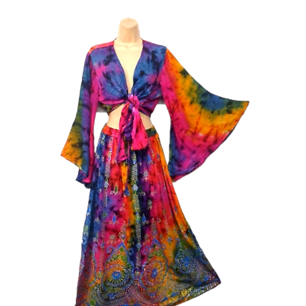 Boho 2 Piece Rainbow Tie Dye Top & Skirt Set